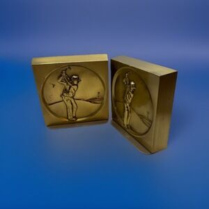 Vintage Brass Golfer Bookends Mid Century Sports Decor Athlete Pair MCM